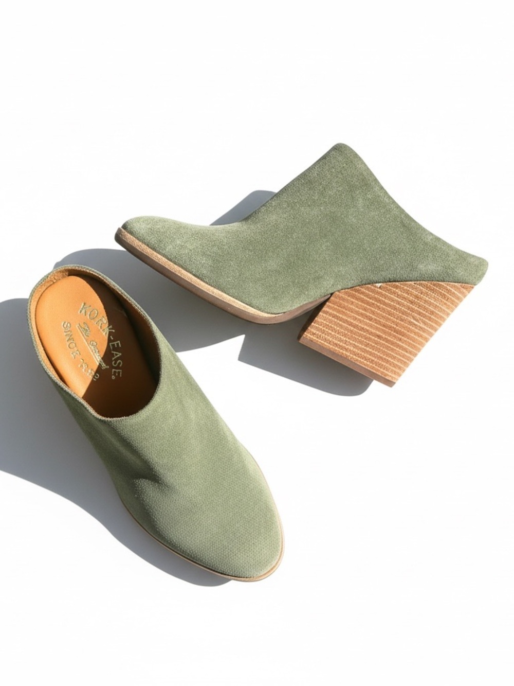 Kork-Ease Olive Suede Slip-On Mules with Stacked Heel (9.5)